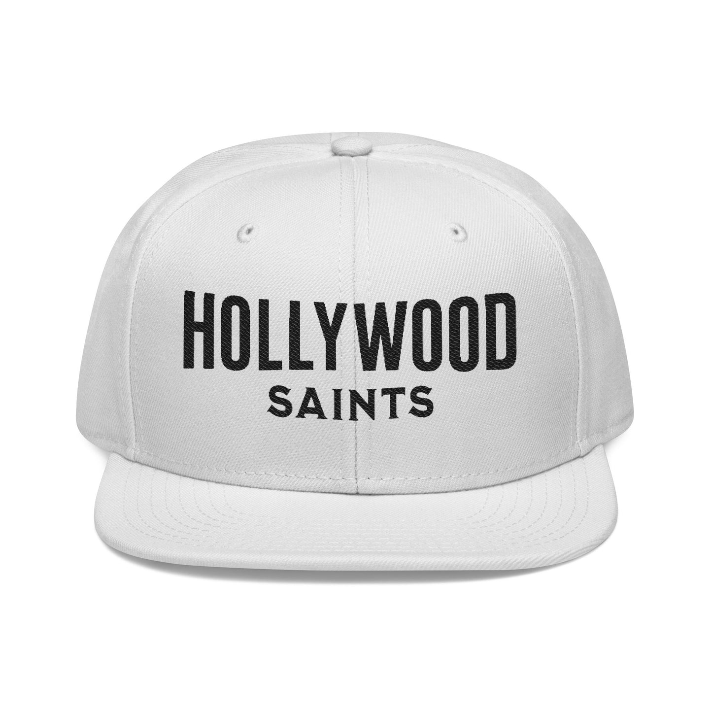 White snapback hat with bold black “Hollywood Saints” text on the front. Minimalist streetwear cap featuring clean embroidery and structured flat brim design.